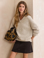 Ecru White Neppy Boucle Long Sleeve V-Neck Knit Jumper with Wool - Image 1 of 5