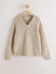 Ecru White Neppy - Boucle Long Sleeve V-Neck Knit Jumper with Wool - Slika 6 od 8