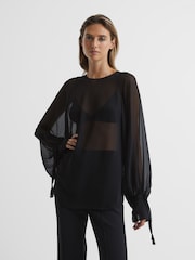 Reiss Black Liv Blouson Sleeve Sheer Blouse - Image 1 of 7