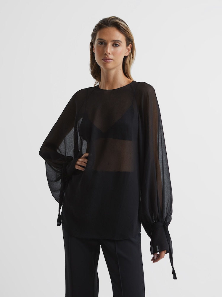 Reiss Black Liv Blouson Sleeve Sheer Blouse - Image 1 of 7