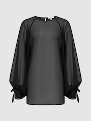 Reiss Black Liv Blouson Sleeve Sheer Blouse - Image 2 of 7