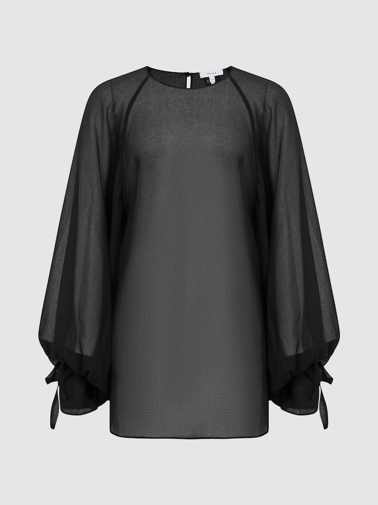 Reiss Black Liv Blouson Sleeve Sheer Blouse - Image 2 of 7