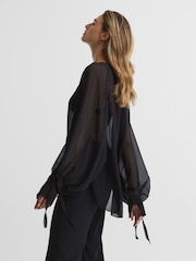 Reiss Black Liv Blouson Sleeve Sheer Blouse - Image 4 of 7