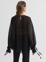 Reiss Black Liv Blouson Sleeve Sheer Blouse - Image 5 of 7