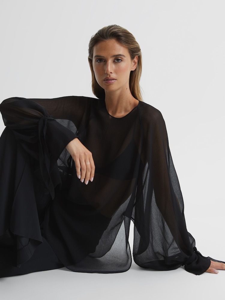 Reiss Black Liv Blouson Sleeve Sheer Blouse - Image 7 of 7