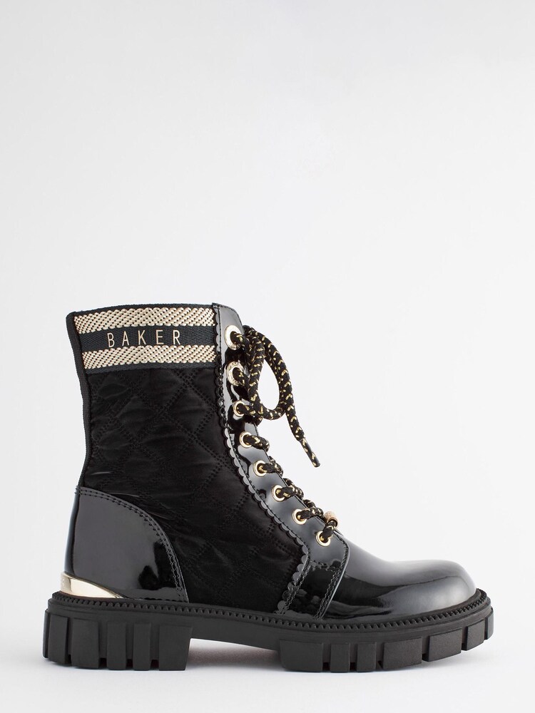 Baker by Ted Baker Girls Quilted Lace Up Black Boots with Gold Trims - Image 1 of 6