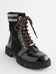 Baker by Ted Baker Girls Quilted Lace Up Black Boots with Gold Trims - Image 2 of 6