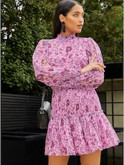 Chi Chi London Purple Long Sleeve High Neck Floral Shirred Detail Midi Dress - Image 4 of 5
