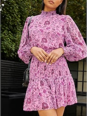 Chi Chi London Purple Long Sleeve High Neck Floral Shirred Detail Midi Dress - Image 5 of 5