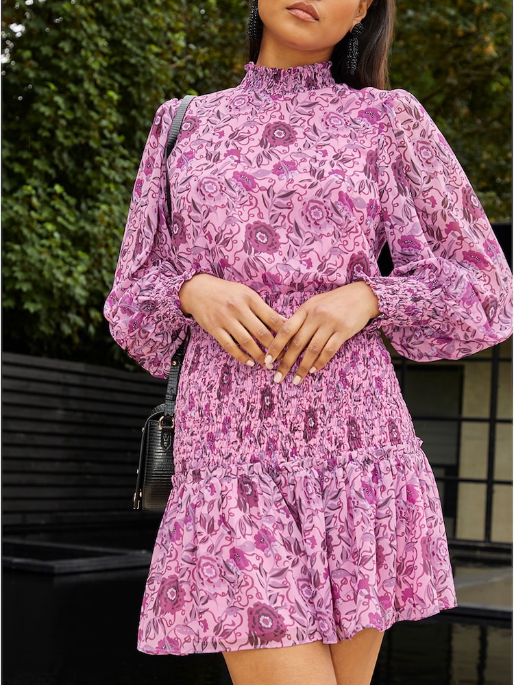 Chi Chi London Purple Long Sleeve High Neck Floral Shirred Detail Midi Dress - Image 5 of 5