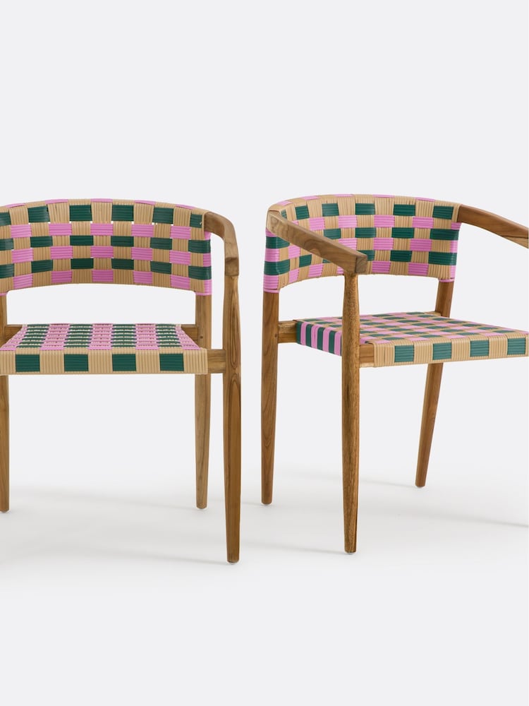 La Redoute Intérieurs Set of 2 Pink Bianca Dining Chairs in Solid Teak and Woven Resin - Image 1 of 4 La Redoute Intérieurs Set of 2 Pink Bianca Dining Chairs in Solid Teak and Woven Resin - Image 1 of 4