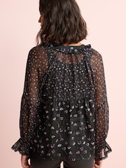 Black Floral Long Sleeve V-Neck Sheer Blouse with Lace Trim Detail - Image 3 of 5
