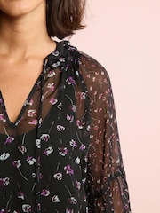 Black Floral Long Sleeve V-Neck Sheer Blouse with Lace Trim Detail - Image 4 of 5