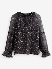 Black Floral Long Sleeve V-Neck Sheer Blouse with Lace Trim Detail - Image 5 of 5