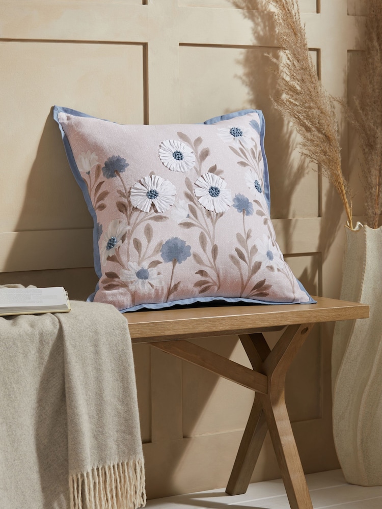 Blue 50 x 50cm Ribbon Embellished Daisy 100% Cotton Cushion - Image 1 of 4