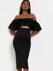 River Island Black Bella Puff Sleeve Bardot Scuba Dress - Image 1 of 5