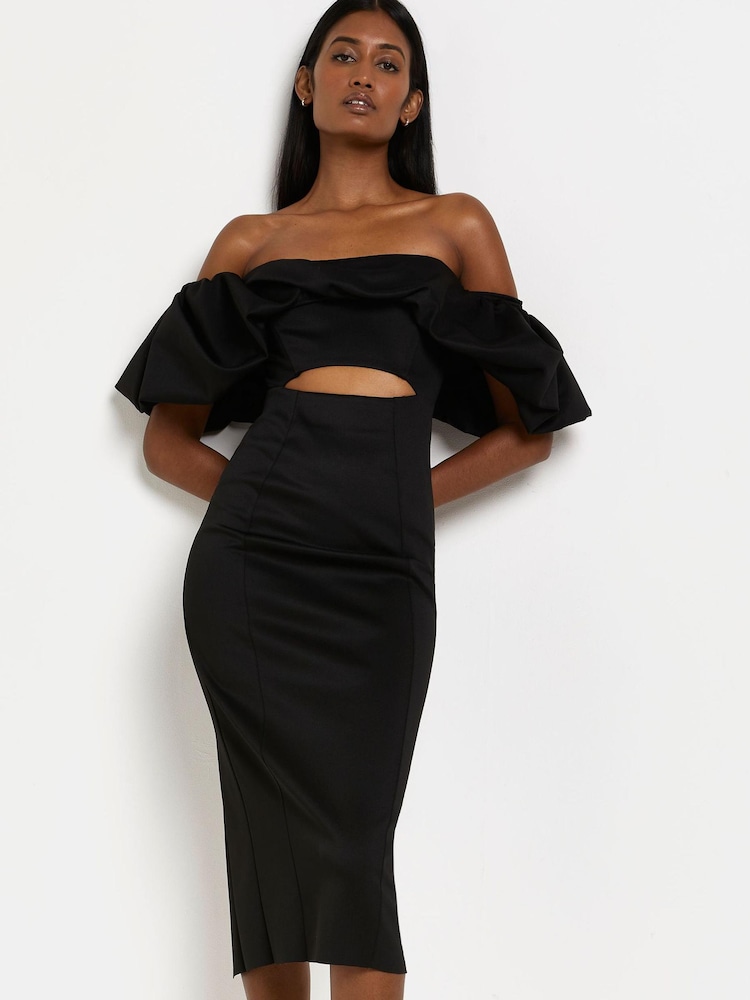 River Island Black Bella Puff Sleeve Bardot Scuba Dress - Image 1 of 5 River Island Black Bella Puff Sleeve Bardot Scuba Dress - Image 1 of 5