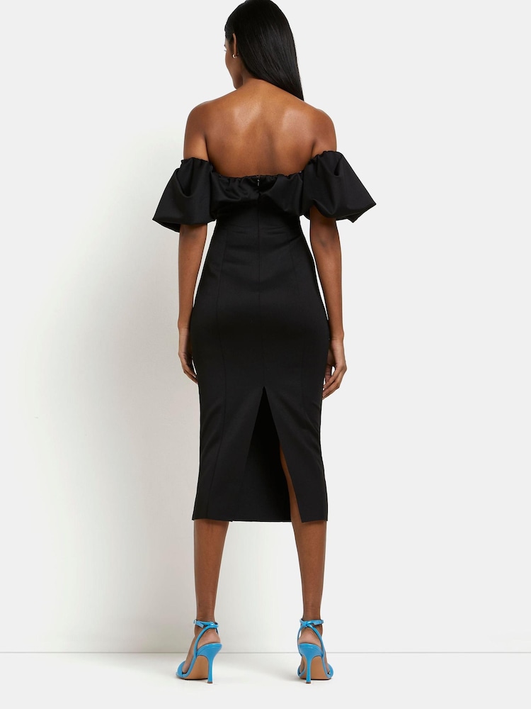 River Island Black Bella Puff Sleeve Bardot Scuba Dress - Image 2 of 5 River Island Black Bella Puff Sleeve Bardot Scuba Dress - Image 2 of 5