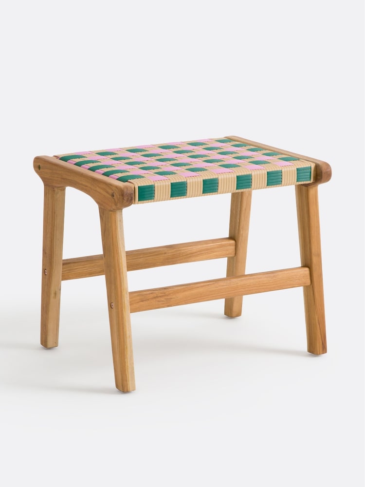 La Redoute Intérieurs Pink Bianca Stool in Solid Teak and Woven Resin - Image 1 of 5 La Redoute Intérieurs Pink Bianca Stool in Solid Teak and Woven Resin - Image 1 of 5