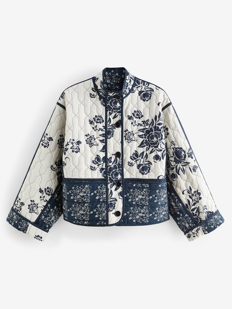 Navy Blue Quilted Floral Jacket - Image 1 of 7