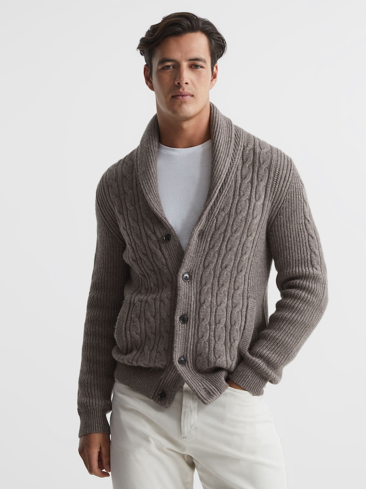 Reiss Mink Romash Shawl Collar Cable Knit Wool Cashmere Cardigan - Image 1 of 1