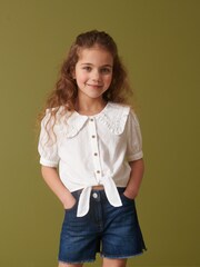 Bela - z napihnjenimi rokavi kravata Front bluze (3-16yrs) - Slika 1 iz 7