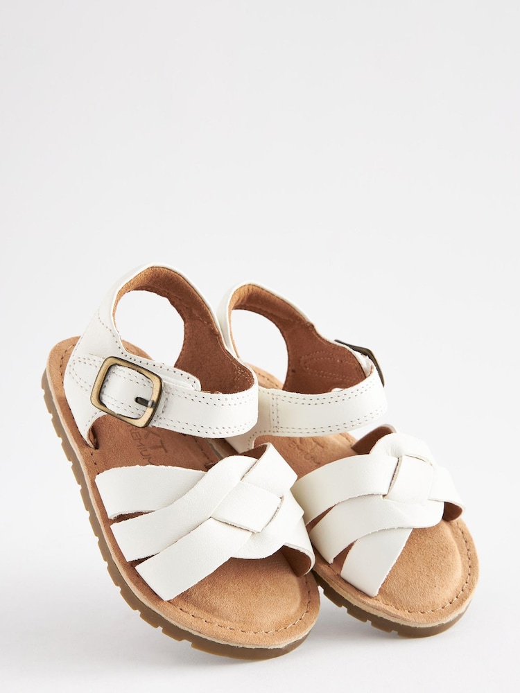 White Wide Fit (G) Leather Woven Ankle Strap Sandals - Image 1 of 6