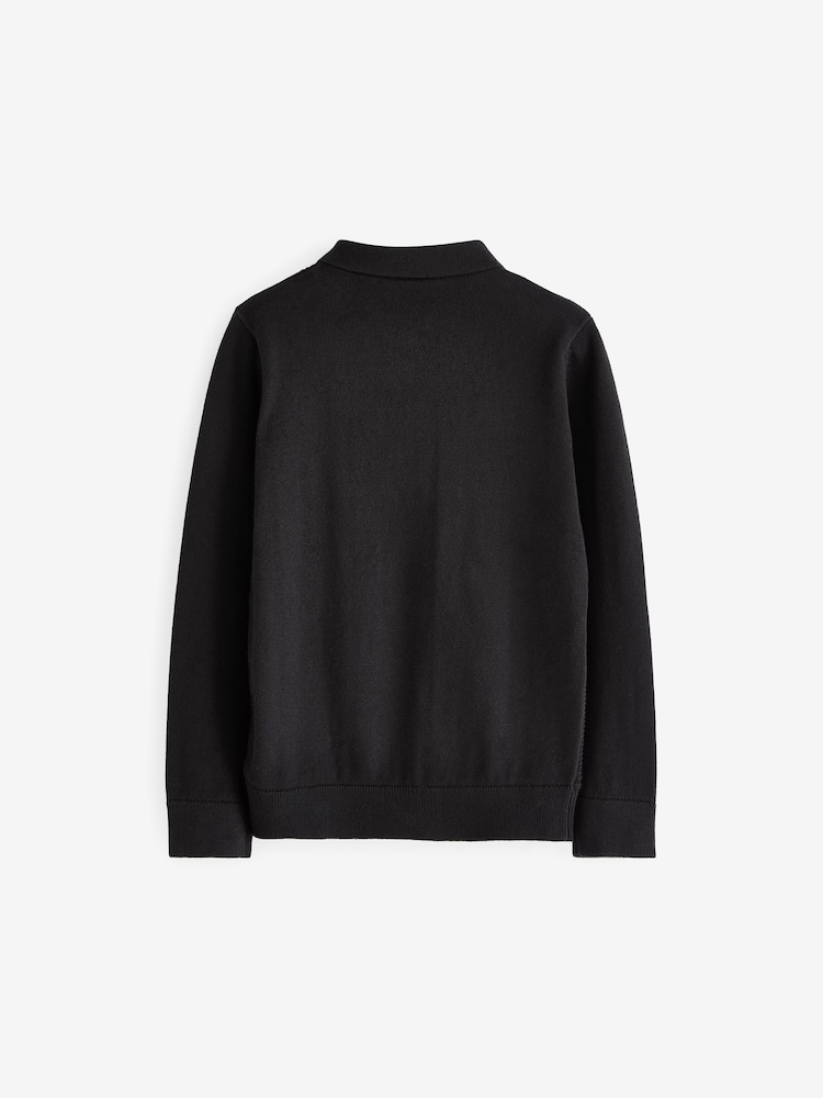 Black Textured Knit Zip Neck Long Sleeve Polo Shirt (3-16yrs) - Image 2 of 2 Black Textured Knit Zip Neck Long Sleeve Polo Shirt (3-16yrs) - Image 2 of 2