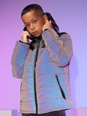 Angel & Rocket Chase Black Holographic Puffer Jacket - Image 1 of 5