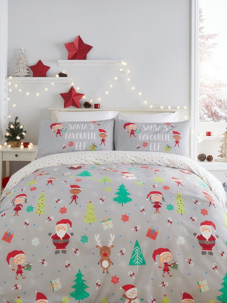Fusion Grey Christmas Elf & Santa Duvet Cover and Pillowcase Set - Image 1 of 4