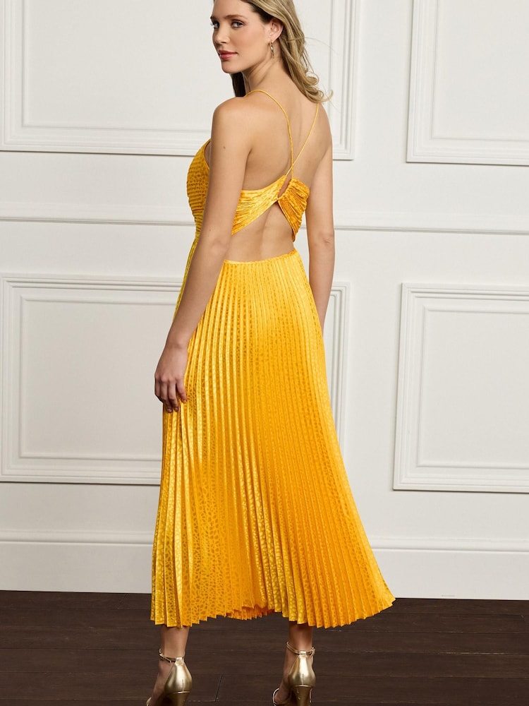 Yellow Satin Backless Pleated Midi Dress - Image 2 of 4 Yellow Satin Backless Pleated Midi Dress - Image 2 of 4