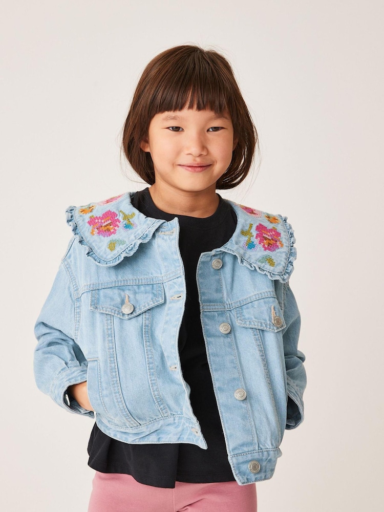 Mid Blue Tapestry Embroidered Frill Collar Denim Jacket (3-16yrs) - Image 1 of 7