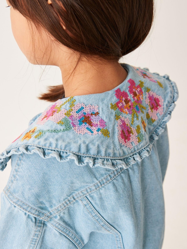 Mid Blue Tapestry Embroidered Frill Collar Denim Jacket (3-16yrs) - Image 5 of 7