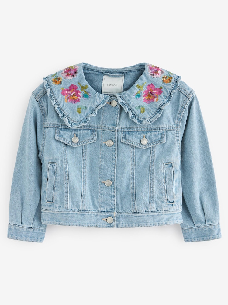 Mid Blue Tapestry Embroidered Frill Collar Denim Jacket (3-16yrs) - Image 6 of 7