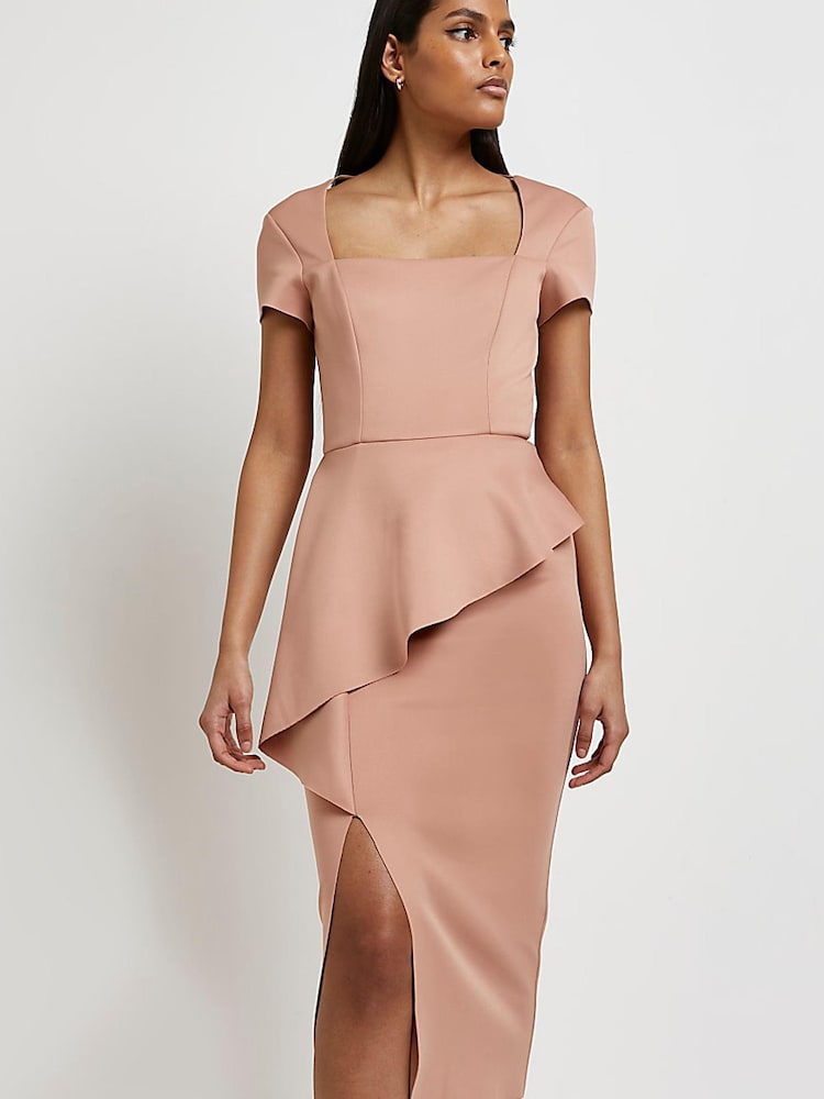River Island Brown Square Neck Peplum Dress - Image 1 of 4