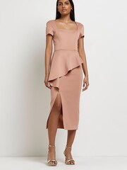 River Island Brown Square Neck Peplum Dress - Image 3 of 4