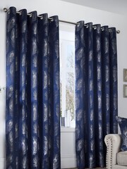 Curtina Blue Feather Jacquard Lined Eyelet Curtains - Image 1 of 3
