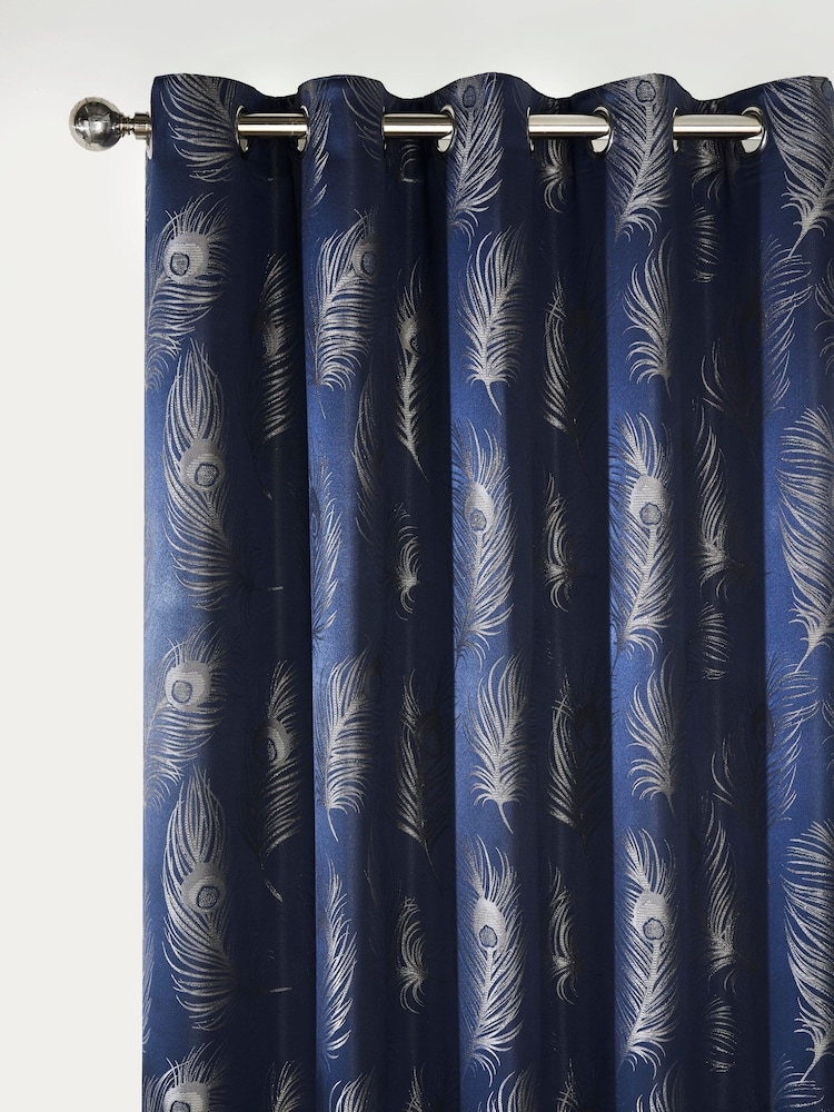 Curtina Blue Feather Jacquard Lined Eyelet Curtains - Image 2 of 3