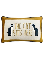furn. Ochre Yellow Kitta Sits Here Printed Velvet Cushion - Image 1 of 3