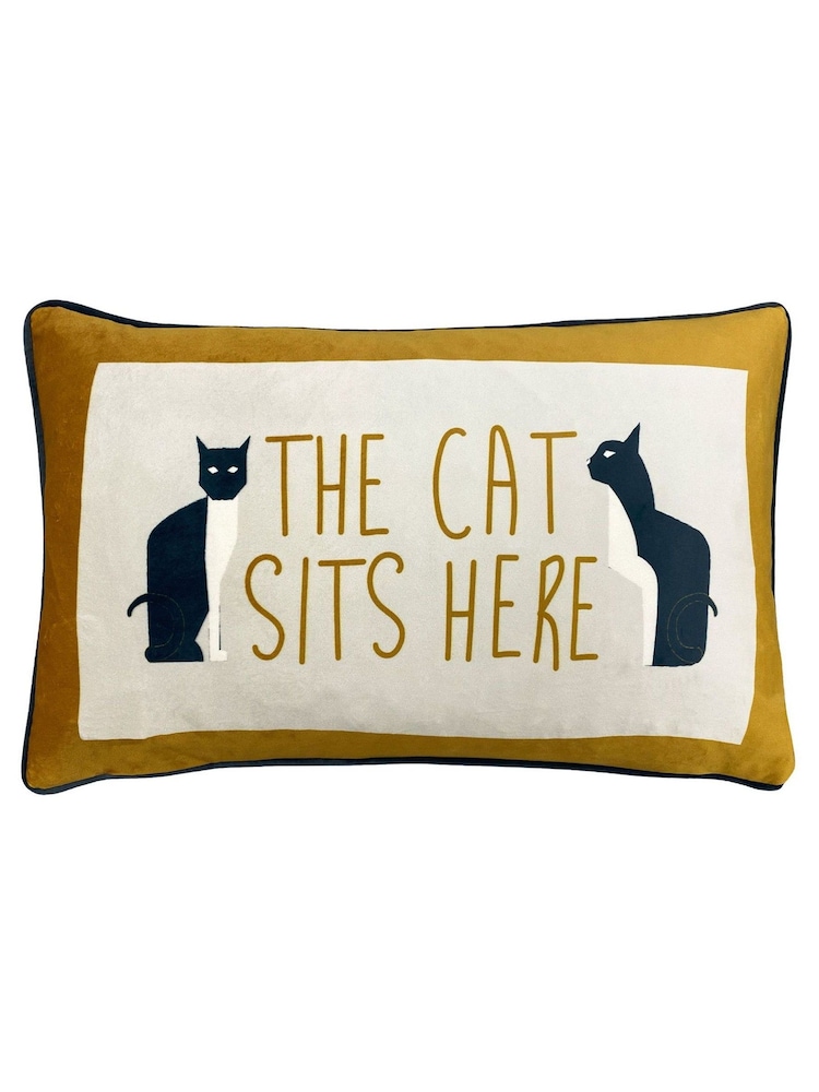 furn. Ochre Yellow Kitta Sits Here Printed Velvet Cushion - Image 1 of 3