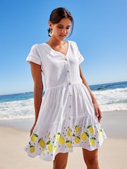 White Embroidered Linen Blend Tiered Mini Dress - Image 1 of 5