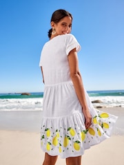 White Embroidered Linen Blend Tiered Mini Dress - Image 3 of 5