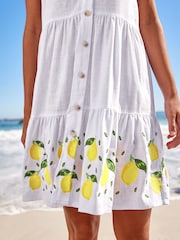 White Embroidered Linen Blend Tiered Mini Dress - Image 4 of 5