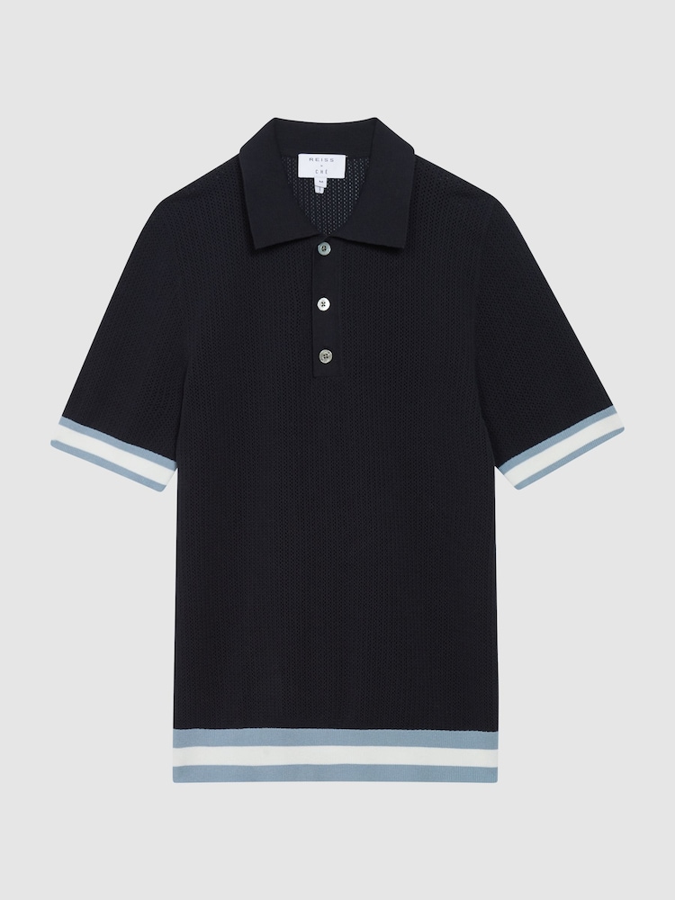 Reiss Navy Quinn - Che Che Half Button Contrast-Sleeve Polo T-Shirt - Image 2 of 6