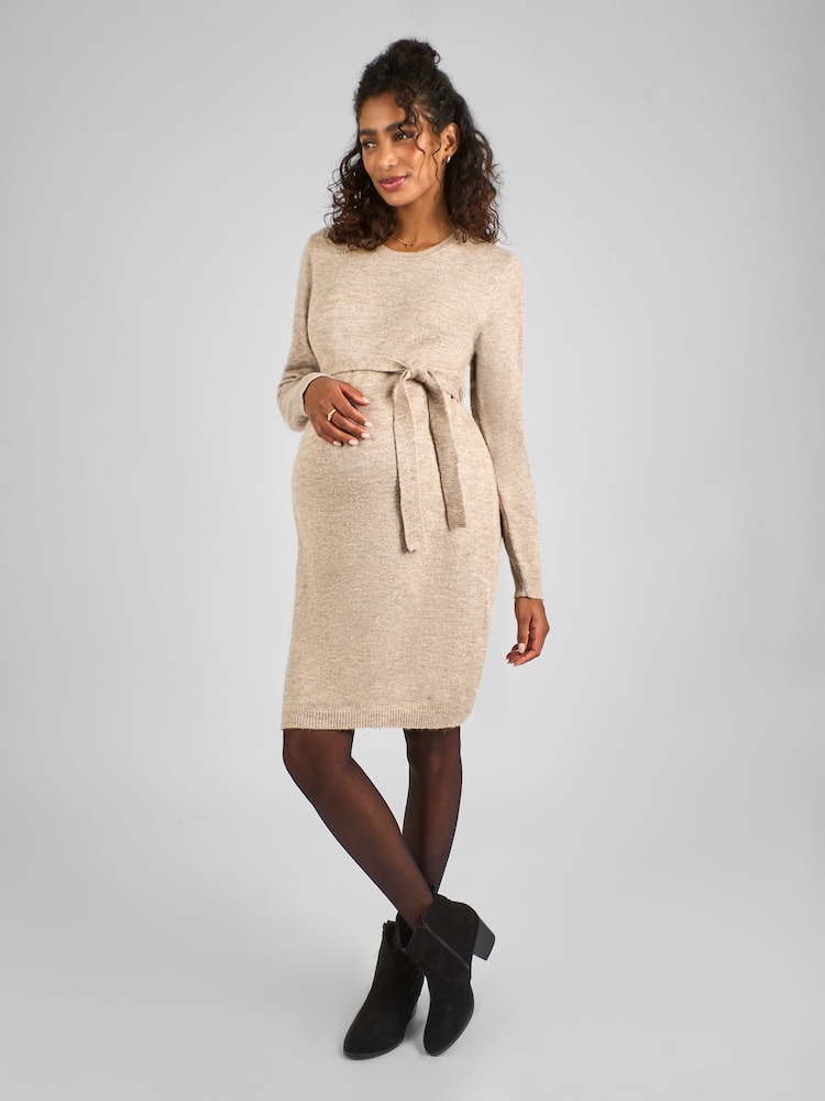 JoJo Maman Bébé Oatmeal Crew Neck Knitted Maternity Dress - Image 1 of 4