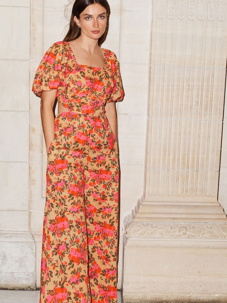Pink Floral Wide Leg Puff Sleeve Jumpsuit - Image 1 of 6