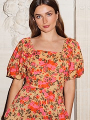 Pink Floral Wide Leg Puff Sleeve Jumpsuit - Image 5 of 6