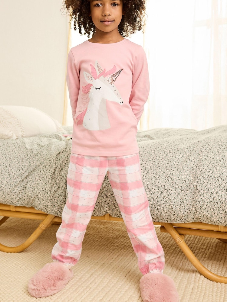 Pink Unicorn Woven Check Pyjamas (3-16yrs) - Image 1 of 7
