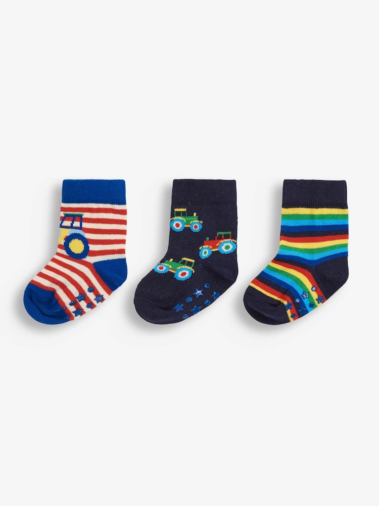 Pack de 3 pares de calcetines en azul marino con alto contenido en algodón para niños con diseño de tractor de JoJo Maman Bébé - Imagen 1 de 2