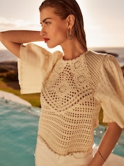 Ecru Cream Crochet Woven Short Sleeve Top - Image 1 of 6
